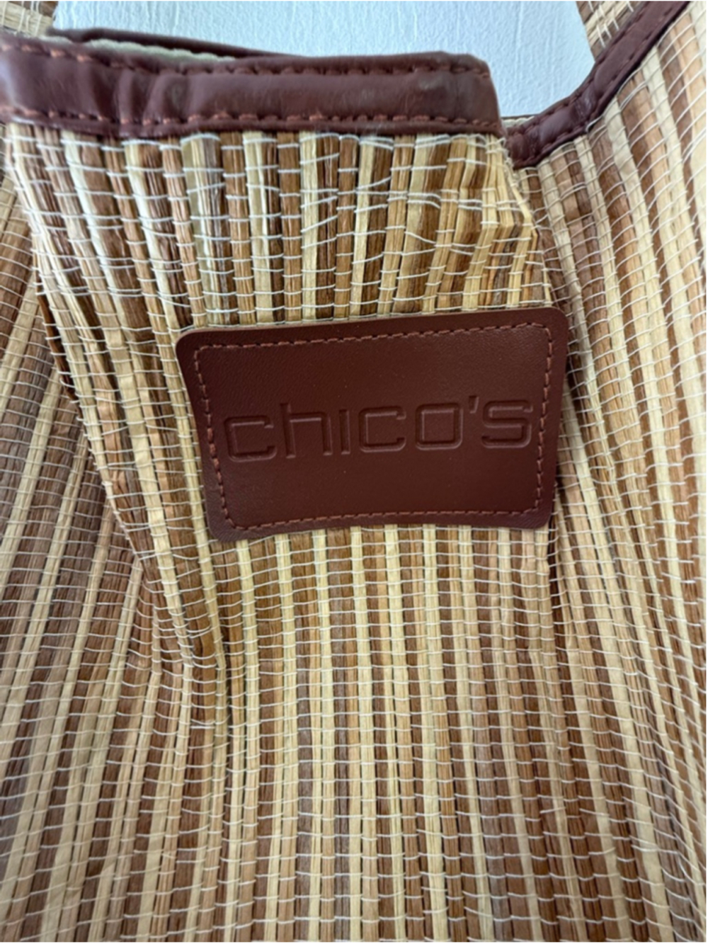 Chico’s Striped Woven Straw Tote Bag - Tan & Cream Boho Beach Bag - Picture 2 of 7